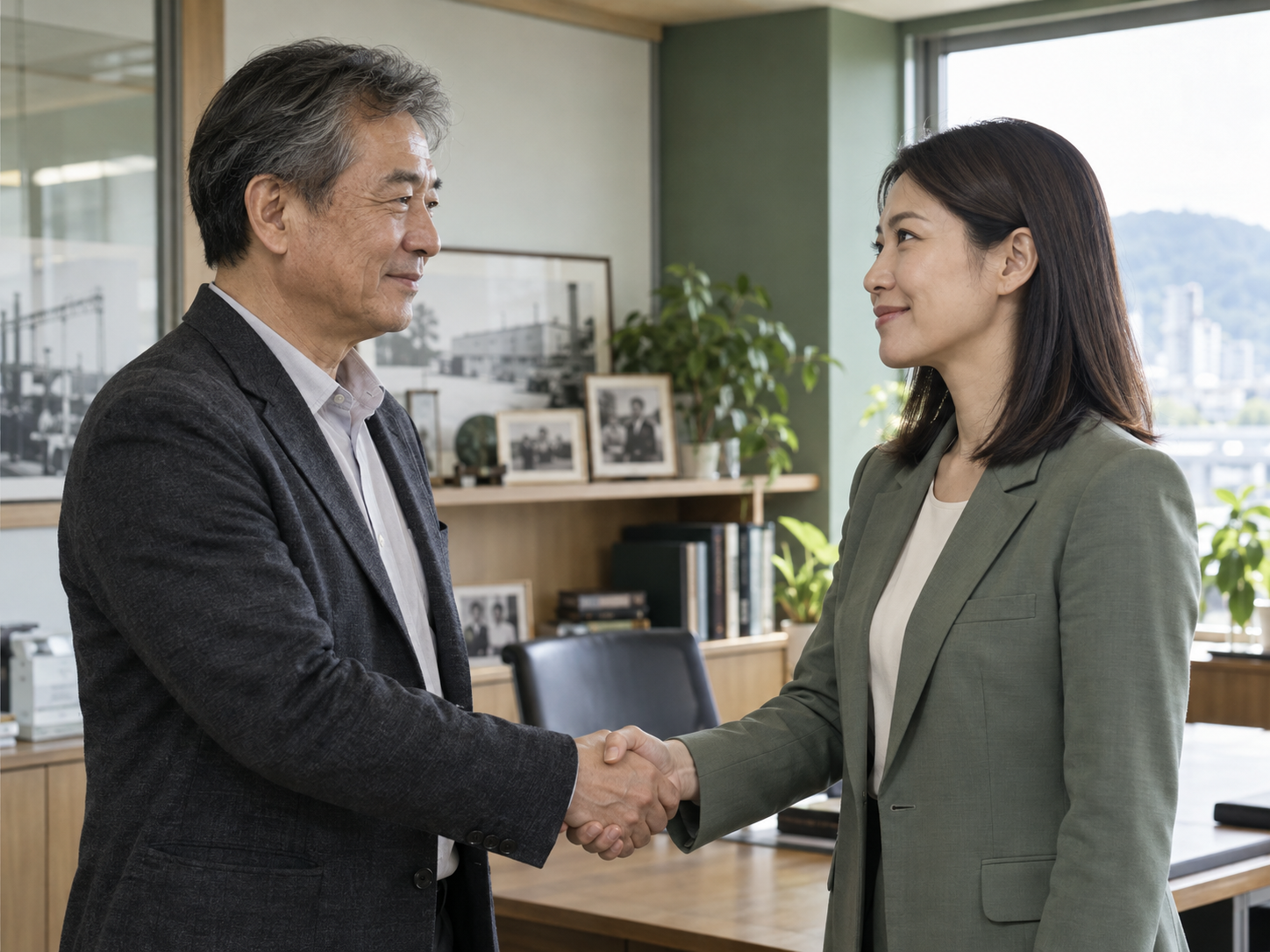 創辦人與成年二代握手，確認共同方向與彼此信任