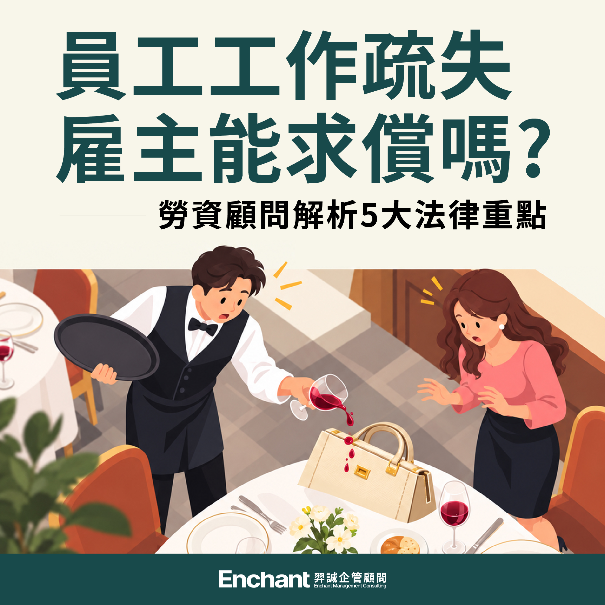 頭貼 餐廳服務員倒紅酒時不慎滴到顧客手提包,顧客站起查看;員工疏失賠償與損害賠償扣薪限制